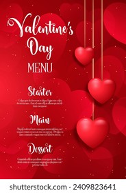Valentines Day menu design with a red hearts background 