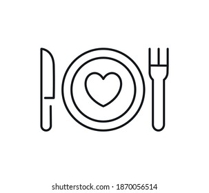 Valentine's day menu. Fork and knife with plate line design. Restaurant menu on white background.