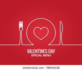 Valentines Day Menu. Fork And Knife With Plate Line. Restaurant Menu On Red Background