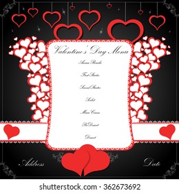 Valentine's Day Menu Template with frame and red hearts
