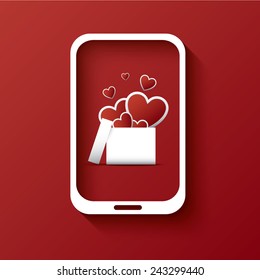 Valentine's day message in a smartphone application with hearts flying out of the box. Eps10 vector illustration