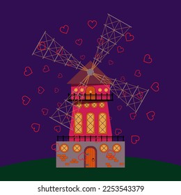 Valentine's Day. Mill with hearts around. Flat style. For postcards and typography. Vector illustration