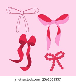 Valentine's day mini set of pink and red bows. Cute romantic elements - satin and beaded bows. Vector illustration with pink background
