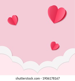 Valentine's Day Minimal papercut style pink background with hearts greeting background Vector illustration