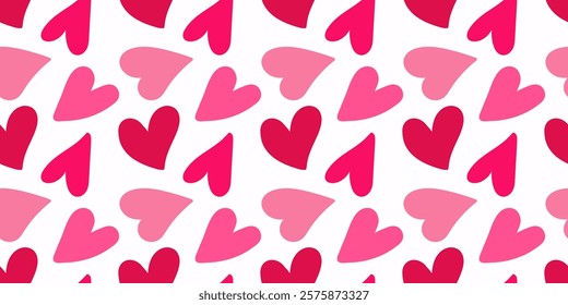 Valentine's day minimalist hand drawn love seamless pattern. Pink red doodle hearts on romantic endless background print. Cute holiday backdrop texture, wedding wallpaper banner, cover, poster