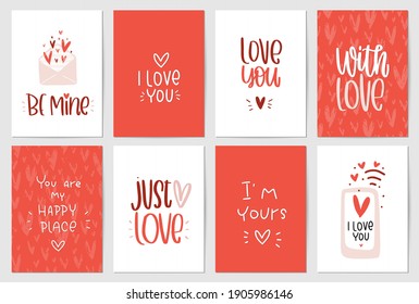 Valentines day minimalist vector card set with greeting sayings: be mine, just love, I’m yours, you are my happy place.