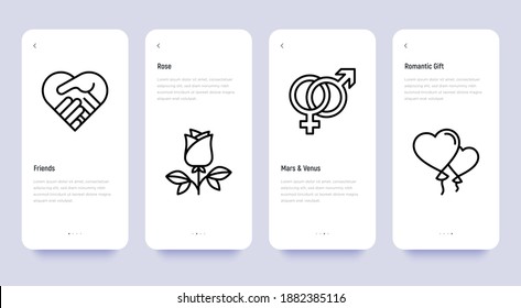 Valentine's day mobile user interface with thin line icons: friendship, rose, mars and venus, balloons in heart shape. Pixel perfect, editable stroke. Vector illustration.