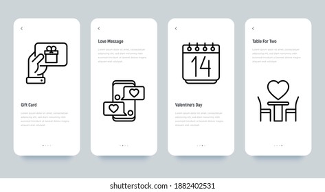 Valentine's day mobile user interface with thin line icons: gift card, love message, calendar, table for two. Pixel perfect, editable stroke. Vector illustration.