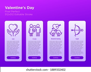 Valentine's day mobile user interface with thin line icons: heart in hands, couple in love, cupid bow. Pixel perfect, editable stroke. Vector illustration.