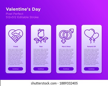 Valentine's day mobile user interface with thin line icons: friendship, rose, mars and venus, balloons in heart shape. Pixel perfect, editable stroke. Vector illustration.