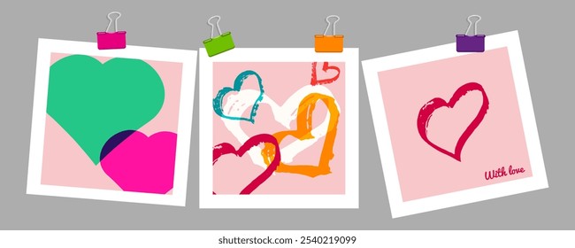 Valentines Day mockup scrapbook on gray wall. For flyer store social media banner in pink tones. Delicate Design. Vector illustration.