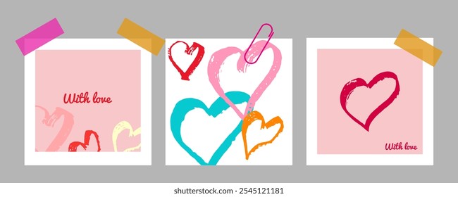 Valentines Day mockup scrapbook on gray wall. Modern Love Frame. For flyer store social media banner in pink tones. Vector illustration.