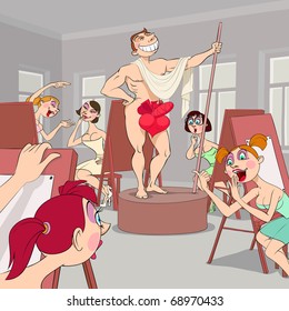 At Valentine's Day a model boy decides to congratulate a girl students of art school in a very strange way