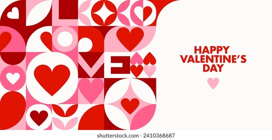 Valentines day modern abstract geometric banner with Bauhaus pattern. Valentines day, romantic love holiday vector banner or poster with red and pink Bauhaus abstract geometric hearts background