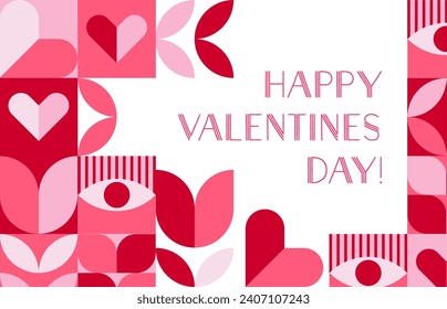 Valentines day modern banner with abstract geometric Bauhaus pattern, vector background. Hearts mosaic, flower and love geometric elements in pink red Bauhaus pattern for Happy Valentine holiday