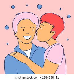 Valentines Day modern cartoon flat characters boy kisses boy,hand drawn style greeting card.Outline character young people,cartoon man kiss man,happy romantic gay couple on hearts background