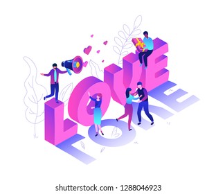 Valentines Day - modern colorful isometric vector illustration on white background. High quality composition with male, female characters congratulating each other on 14th February, big love sign