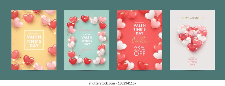 Valentines Day modern design Set for website banner, Sale, Valentine card, cover, flyer or poster with frame made of realistic white, pink, red 3d realistic hearts and garlands lights. 
