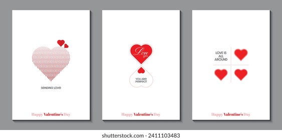 Valentine's Day. Modern design template of love cards, posters, covers set. Trendy minimalist with red graphic design on white background. EPS vector illustration.