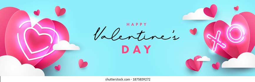 Diseño moderno de San Valentín para cabecera de sitio web, banner de saludo o venta, volante, afiche en estilo de corte de papel con marco hecho de lindo vuelo Corazones de Origami sobre nubes y neón iluminación corazón y texto Xo