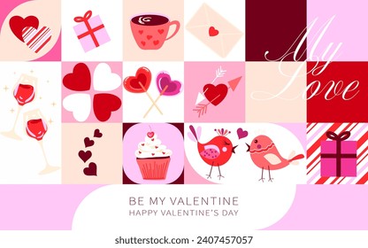 Valentines day, modern geometric poster design. Bauhaus style minimal background. Red, pink color vintage romantic holiday concept composition. Be my valentine, my love  and happy valentine's day word