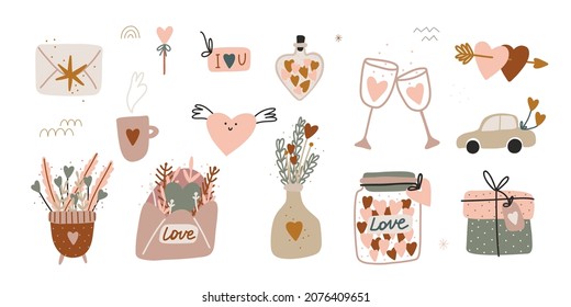 valentine's day, modern minimalist boho style design. love messages and cards, love symbol and magic elements