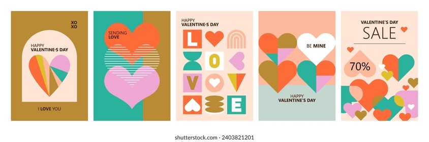 Diseño moderno de afiches de San Valentín en un estilo geométrico moderno. Plantilla para tarjetas de felicitación, banner, medios sociales y marketing de venta