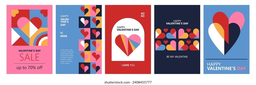 Diseño moderno de afiches de San Valentín en un estilo geométrico moderno. Plantilla para tarjetas de felicitación, banner, medios sociales y marketing de venta