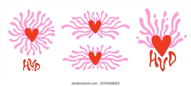 Valentine's day modern surreal groovy design elements, dividers, heart illustrations, hand drawn templates set. Hearts with fluid organic lines, tentacles, blob wavy round radial shape. HVD lettering