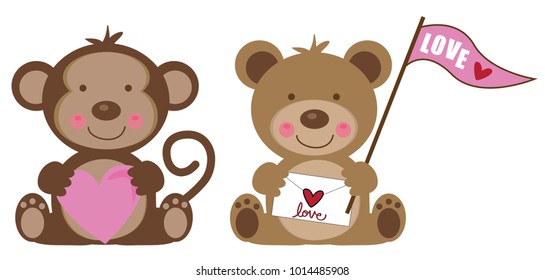 Valentines Day Monkey and Teddy Bear