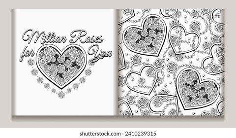 Valentines day monochrome seamless pattern, label with hearts, rose flowers, bead strings, text. For wedding, engagement event, Valentines Day, gift decoration. Vintage style