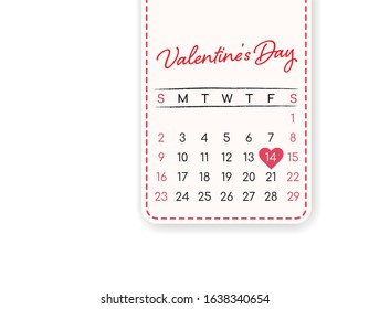 Valentines day monthly calendar with heart shape on 14th February 2020 in pastel color soft pink and red isolated on white background for label, banner or design elements vector.