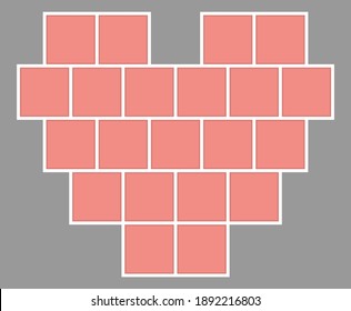Valentines Day Mood Board. Collage frames template. Heart shape from 21 squares