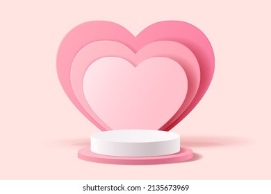 Valentine's day or Mother's day background, Pink abstract 3D scene for product presentation, Cylindrical podium and overlap heart shape for display product, Vector illustration