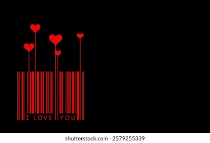 Valentines Day or Mothers Day concept, creative barcode Design, I Love You text and heart symbols, red vector logo silhouette isolated on black background