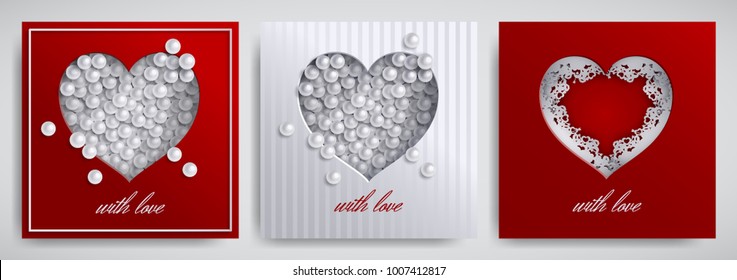 Valentine's day, mother's day design set. Greeting card, banner collection. Cutted paper heart with lace ribbon, pearls on red / white satin background, paper cut out art style. Vector illustration