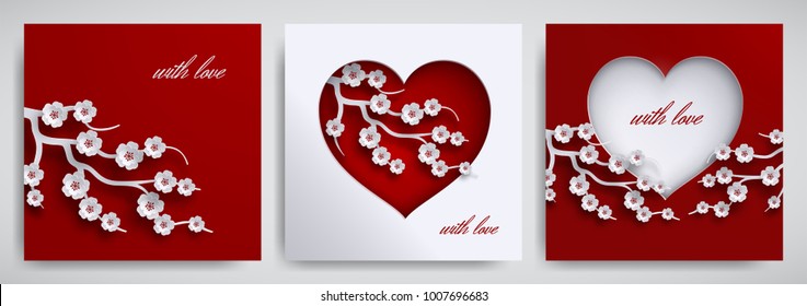 Valentine's day, mother's day design set. Greeting card, poster, banner collection. Heart with cherry flowers branch on red, white background, paper cut art style. Vector illustration, layers isolated