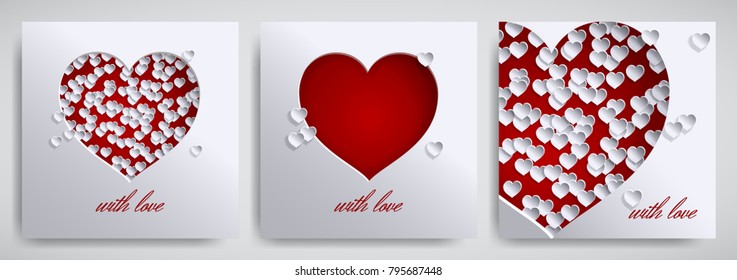 Valentine's day, mother's day design set. Greeting card, banner collection. Cutted paper hearts on white satin background, text with love, paper cut out art style. Vector illustration, layers isolated
