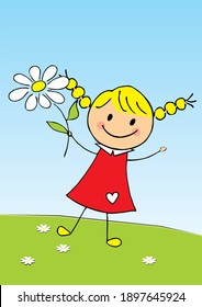 Valentine's day or Mother's day, girl with flower, cute vector illustration on blue background
