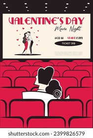 Valentine's Day movie night invitation, poster. 60s - 70s style Valentine's Day vector illustration of couple in love on a date in cinema watching romantic movie.