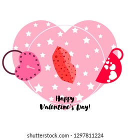 Valentine's Day, mug, lock, lips, heart, vector background