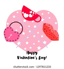 Valentine's Day, mug, lock, lips, heart, vector background