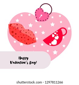 Valentine's Day, mug, lock, lips, heart, vector background