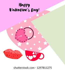 Valentine's Day, mug, lock, lips, heart, vector background