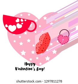 Valentine's Day, mug, lock, lips, heart, vector background