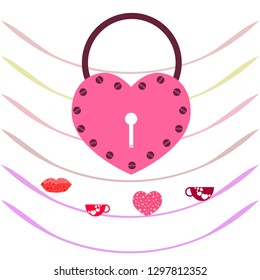 Valentine's Day, mug, lock, lips, heart, vector background