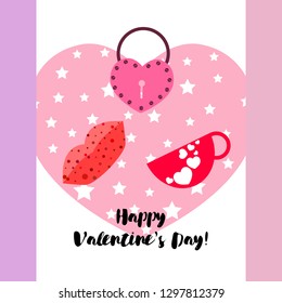 Valentine's Day, mug, lock, lips, heart, vector background