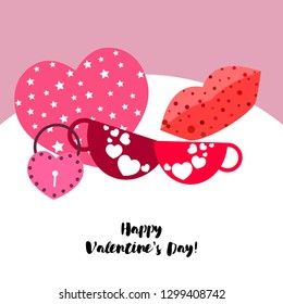 Valentine's Day, mug, lock, lips, heart, vector background