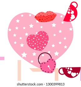 Valentine's Day, mug, lock, lips, heart, vector background