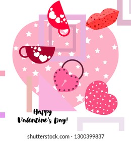 Valentine's Day, mug, lock, lips, heart, vector background